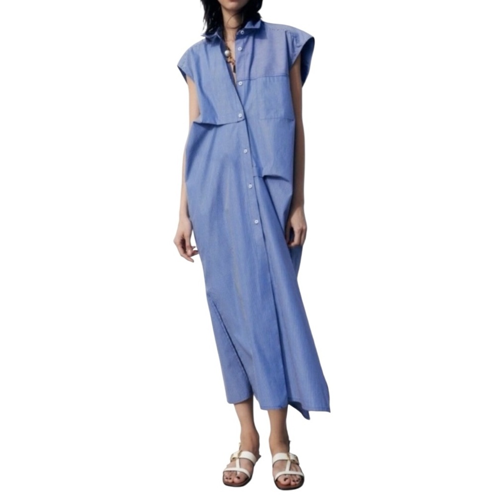 ZARA Poplin Maxi Shirt Dress Blue/White, size M streetwear swim coverup layering